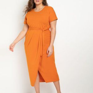 Orange Short Sleeve Midi Wrap Skirt Dress